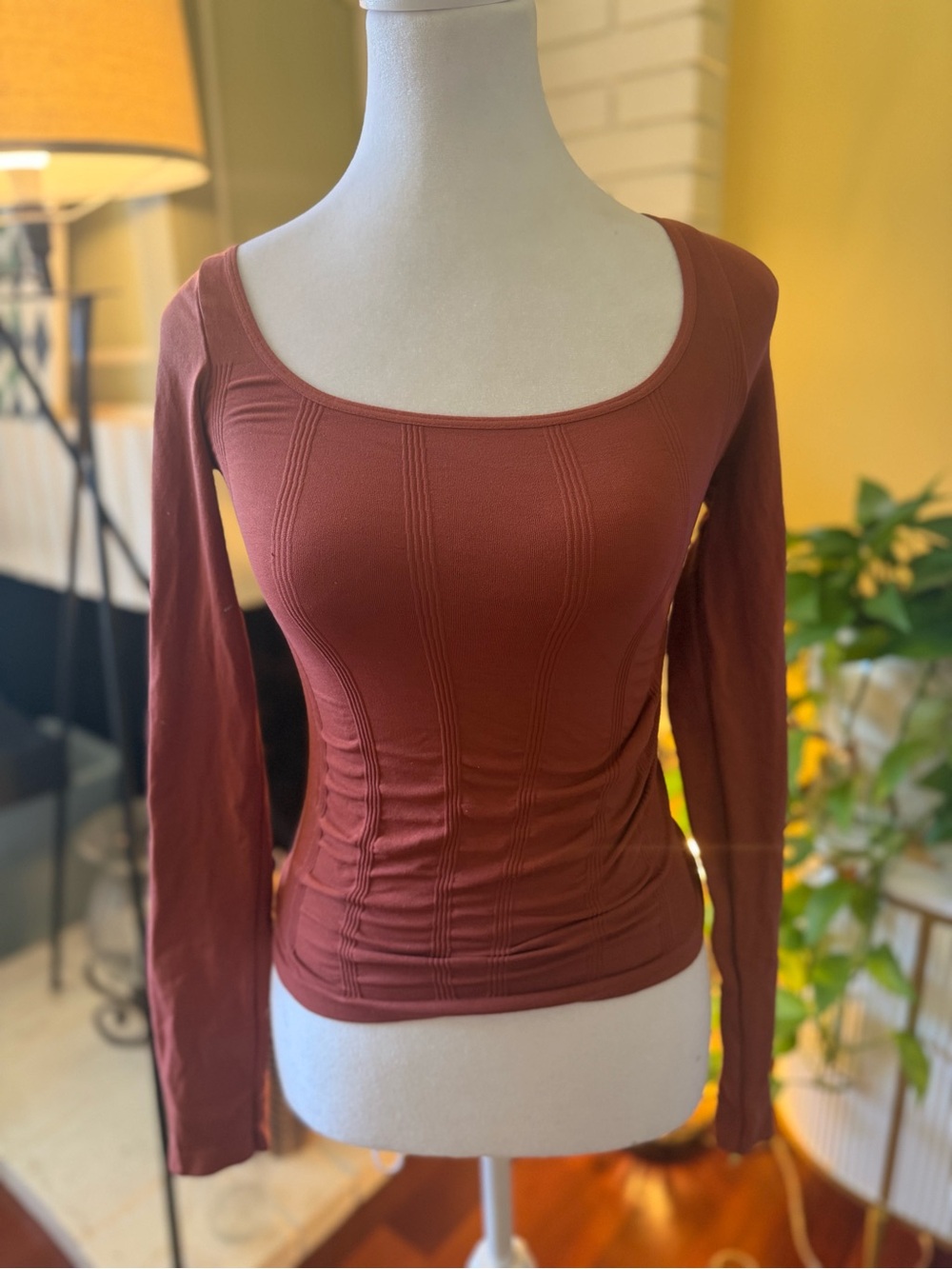 Free People Rust Scoop-Neck Long Sleeve Top